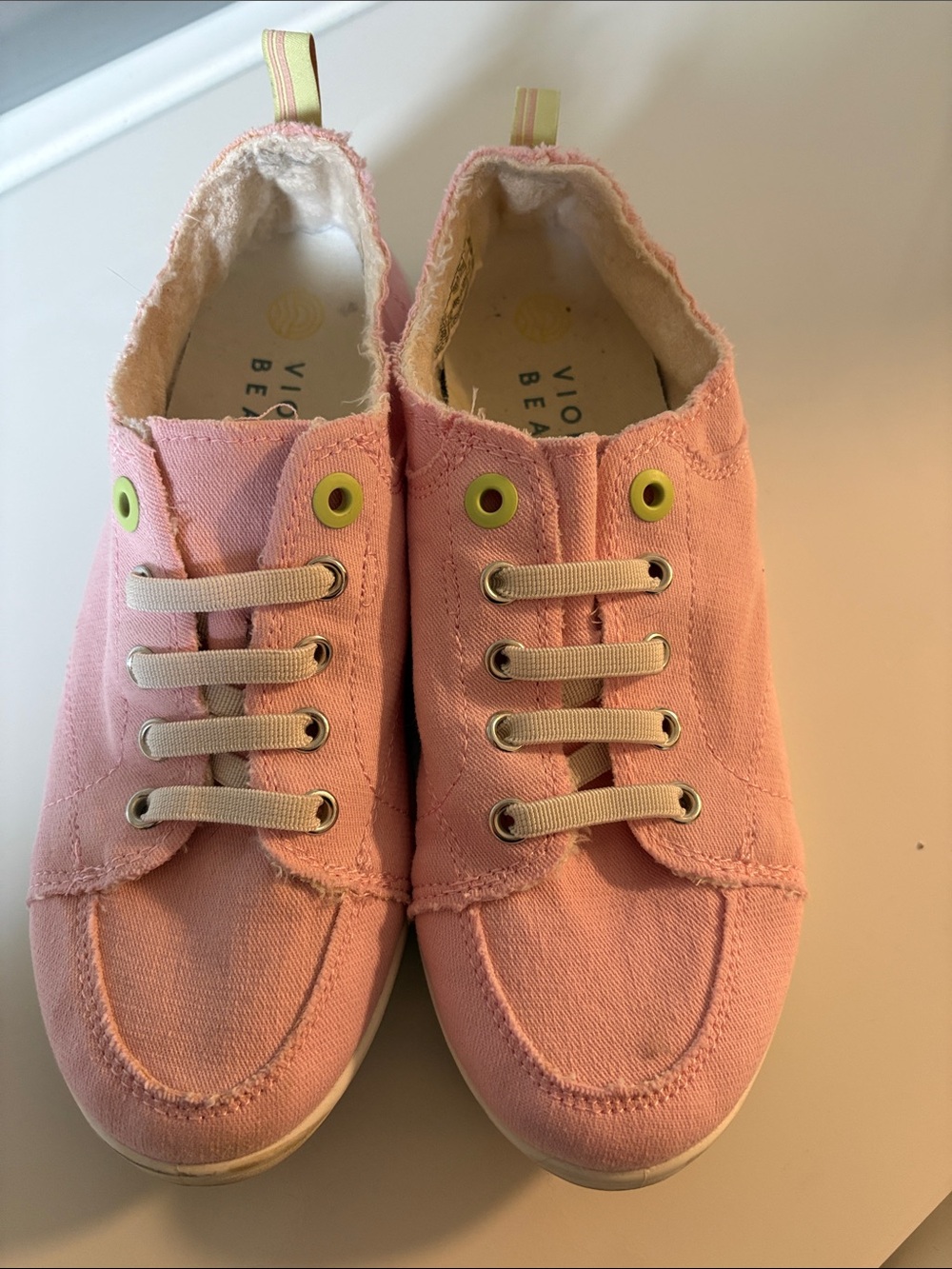 Vionic Beach Pink Canvas Slip-On Sneakers with Neon Eyelets